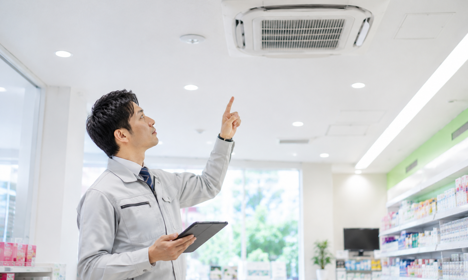 店内の天井空調を点検する担当者
